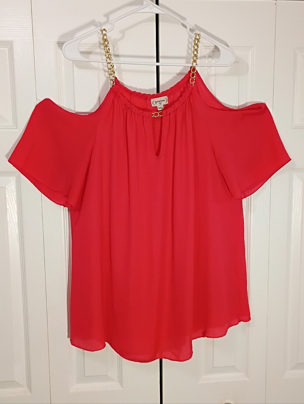 Gemstone Plus Size 2X Red Cold Shoulder Blouse with Gold Chain Accents
